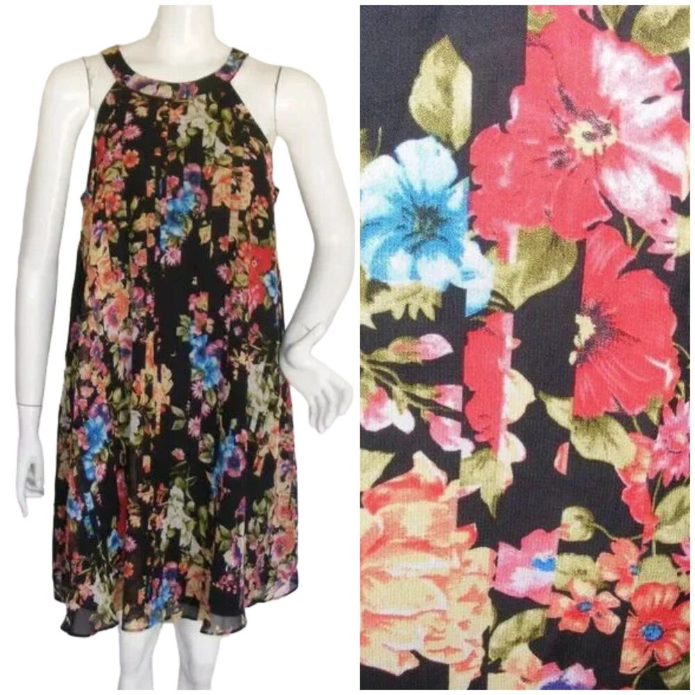 BETSEY JOHNSON Dress, 8, Black, Multicolor Abstract Floral Print, Shift